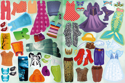Gezeigt wird eine Innen- oder Zusatzansicht von „Sticker-Anziehpuppen – Party-Girls“. Die Illustration zeigt eine Vielzahl bunter Sticker, darunter Kleider, Hosen und Accessoires in unterschiedlichen Formen und Farben. Zu den zentralen Elementen gehören lebendige Designs wie ein lilafarbenes Kleid, ein gestreiftes Oberteil und eine Meerjungfrau. Die Farbpalette umfasst lebendige Rot-, Blau- und Grüntöne.