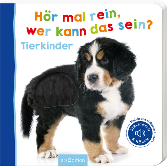 Das Buchcover zeigt einen süßen, schwarzen und braunen Bernhardinerwelpen mit flauschigem Fell. Der Hintergrund ist hell, und die Hauptfarbe des Covers ist ein sanftes Blau. Der Titel „Hör mal rein, wer kann das sein?“ ist in bunten, fröhlichen Buchstaben gestaltet, über dem Hauptmotiv angeordnet. Darunter steht „Tierkinder“. In der oberen rechten Ecke befindet sich ein SPIEGEL-Bestseller-Button mit dem Text „Geliebt von Millionen Kindern – STREICHELN & HÖREN“. Ganz...