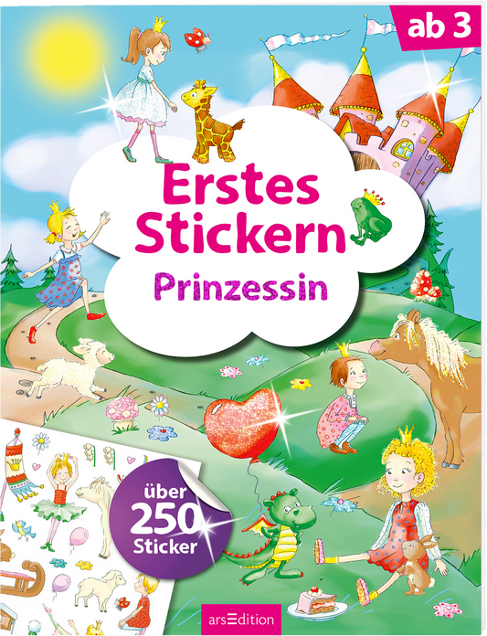 Ein farbenfrohes Buchcover mit einer traumhaften Kinderillustration. In der Mitte steht in großen, pinken Buchstaben „Erstes Stickern Prinzessin“. Um den Titel herum sind verschiedene bunte Motive zu sehen: lachende Kinder, ein Giraffenkopf, ein Pferd und ein Herz. Im unteren linken Bereich ist ein Aufkleber mit dem Text „über 250 Sticker“ abgebildet. Die Atmosphäre ist verspielt und einladend für kleine Kinder. Ganz unten mittig steht der Logoschriftzug von arsEdition.