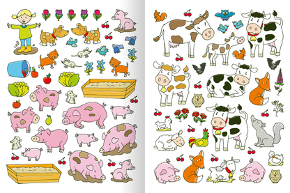 Gezeigt wird eine Innen- oder Zusatzansicht von „Erstes Stickern – Bauernhof“. Die Illustration zeigt eine bunte Sammlung von Tieren und Objekten auf einem Bauernhof. Auf der linken Seite sind Schweine, Küken, und Gemüse wie Karotten und Salat abgebildet, die in sanften Rosa- und Grüntönen gehalten sind. Die rechte Seite präsentiert Kühe, Vögel, und andere Tiere in lebhaften Farben. Die Schrift ist kindgerecht und spielerisch gestaltet. Das Gesamtbild vermittelt eine fröhliche und...