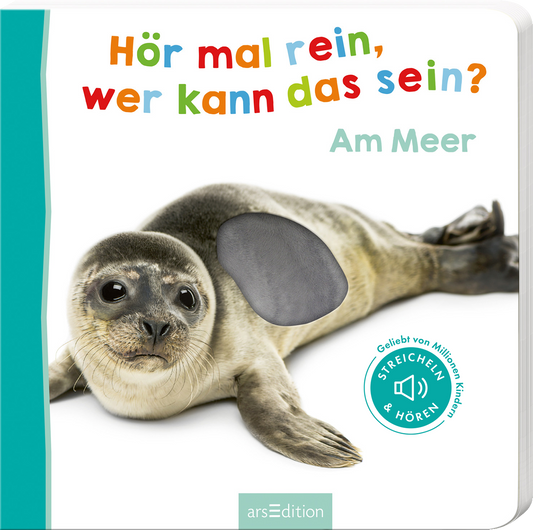 Das Buchcover zeigt eine süße Robbe, die direkt in die Kamera schaut. Die Farben sind hell und freundlich, mit einer farbenfrohen, verspielten Schrift, die den Titel „Hör mal rein, wer kann das sein?“ und den Untertitel „Am Meer“ umfasst. In der unteren rechten Ecke befindet sich ein blauer Button mit der Einladung „STREICHELN & HÖREN“. Ganz unten mittig steht der Logoschriftzug von arsEdition.