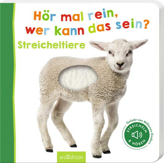 Auf dem Cover ist ein frohes, flauschiges Schaf abgebildet, das in der Mitte eine Aussparung hat. Darüber steht in bunten Buchstaben der Titel „Hör mal rein, wer kann das sein?“. Weiter unten ist der Untertitel „Streicheltiere“ in einer klaren Schrift zu sehen. Ein Hinweis zum Streicheln und Hören wird durch ein Lautsprecher-Icon ergänzt. Die farbenfrohe Gestaltung und das ausdrucksvolle Schaf vermitteln eine einladende, spielerische Atmosphäre. Ganz unten mittig steht der...