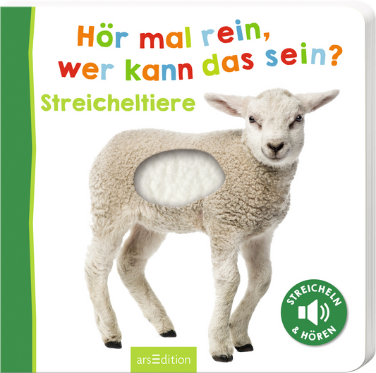 Auf dem Cover ist ein frohes, flauschiges Schaf abgebildet, das in der Mitte eine Aussparung hat. Darüber steht in bunten Buchstaben der Titel „Hör mal rein, wer kann das sein?“. Weiter unten ist der Untertitel „Streicheltiere“ in einer klaren Schrift zu sehen. Ein Hinweis zum Streicheln und Hören wird durch ein Lautsprecher-Icon ergänzt. Die farbenfrohe Gestaltung und das ausdrucksvolle Schaf vermitteln eine einladende, spielerische Atmosphäre. Ganz unten mittig steht der...