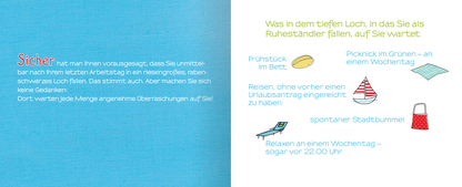 Gezeigt wird eine Innen- oder Zusatzansicht von „Ruhestand für Einsteiger“. Die Seite hat einen hellblauen Hintergrund. Auf der linken Seite steht das Wort „Sicher“ in bunten, verspielten Buchstaben. Der Text beschreibt die Überraschungen im Ruhestand. Auf der rechten Seite sind in gelber Schrift Aktivitäten wie „Frühstück im Bett“ und „Picknick im Grünen“ aufgelistet, zusammen mit einfachen, bunten Icon-Illustrationen, die die genannten Punkte visualisieren.