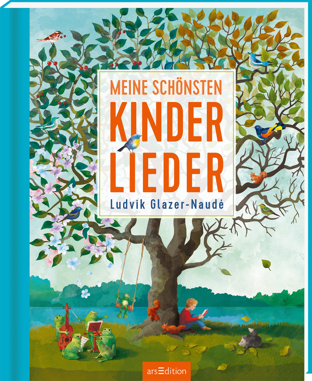 Das Cover zeigt einen großen, lebendigen Baum mit blühenden Zweigen in sanften Grün- und Blautönen. Darunter sind Kinder, die musizieren und spielen, während Vögel um sie herum fliegen. Der Titel „MEINE SCHÖNSTEN KINDERLIEDER“ ist in auffälliger, weißer Schrift auf orangem Hintergrund über dem Baum platziert, gefolgt vom Autorennamen Ludvik Glazer-Naudé in kleinerer Schrift. In der oberen rechten Ecke befindet sich ein „SPIEGEL-Bestseller“-Button. Ganz unten mittig steht der...