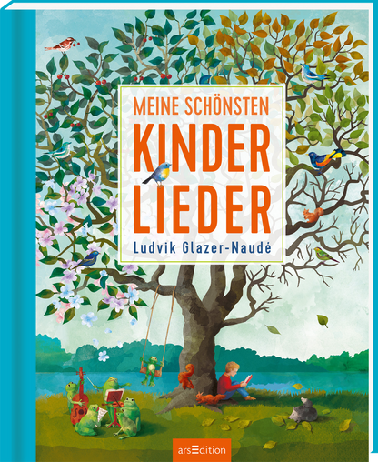 Das Cover zeigt einen großen, lebendigen Baum mit blühenden Zweigen in sanften Grün- und Blautönen. Darunter sind Kinder, die musizieren und spielen, während Vögel um sie herum fliegen. Der Titel „MEINE SCHÖNSTEN KINDERLIEDER“ ist in auffälliger, weißer Schrift auf orangem Hintergrund über dem Baum platziert, gefolgt vom Autorennamen Ludvik Glazer-Naudé in kleinerer Schrift. In der oberen rechten Ecke befindet sich ein „SPIEGEL-Bestseller“-Button. Ganz unten mittig steht der...