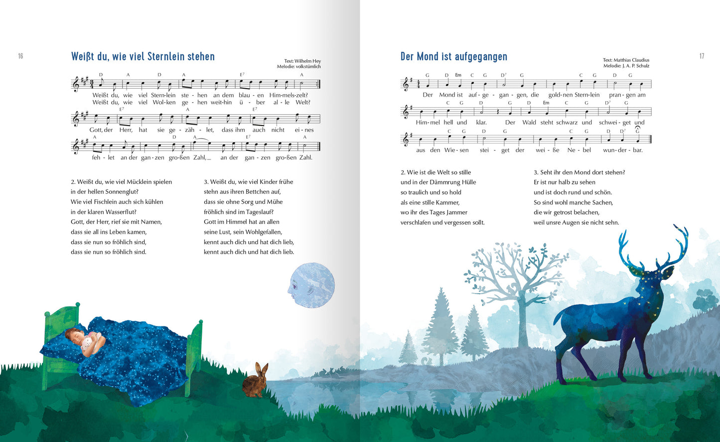 Gezeigt wird eine Innenansicht von „Meine schönsten Kinderlieder“. Die Doppelseite zeigt zwei Lieder mit Noten und Texten. Links ist ein schlafendes Kind in einem blauen Schlafanzug auf einem grünen Bett, umgeben von sanften, aquarellierten Landschaftselementen in verschiedenen Blautönen. Rechts befindet sich ein imposanter blauer Hirsch vor einer stilisierten Baumlandschaft. Der Hintergrund ist in sanften Grüntönen gehalten, was eine ruhige, verträumte Atmosphäre schafft. Die...