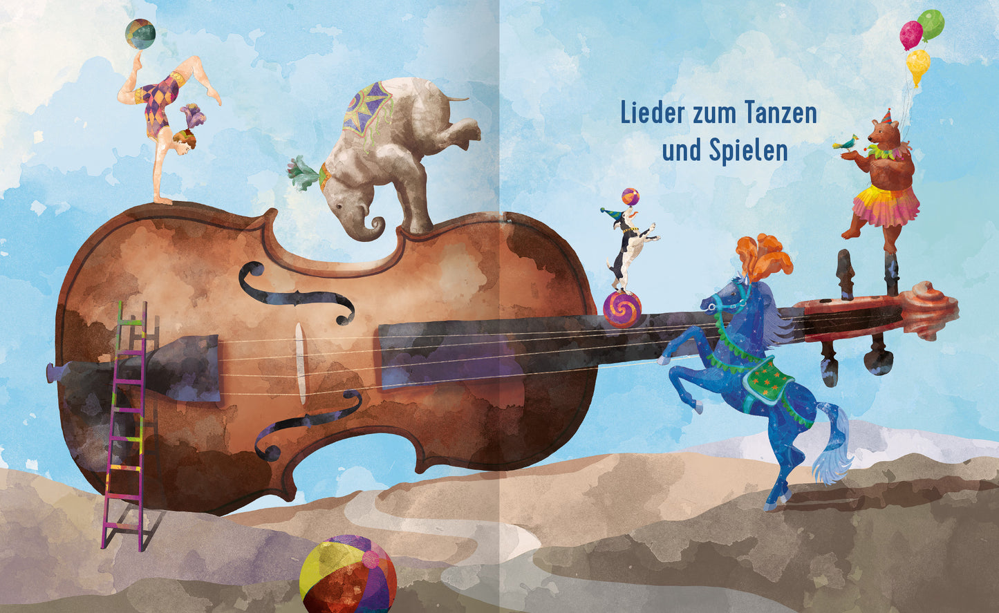 Gezeigt wird eine Innen- oder Zusatzansicht von „Meine schönsten Kinderlieder“. Auf der doppelten Seite dominiert eine große, stilisierte Violine, umgeben von spielenden Tieren und bunten Ballons. Die Tiere, darunter ein Bär und ein Pferd, sind fröhlich und akrobatisch dargestellt. Der Hintergrund ist in sanften Blau- und Erdtönen gehalten, während der Titel „Lieder zum Tanzen und Spielen“ in einer klaren, gut lesbaren Schrift in der oberen rechten Ecke zu sehen ist.