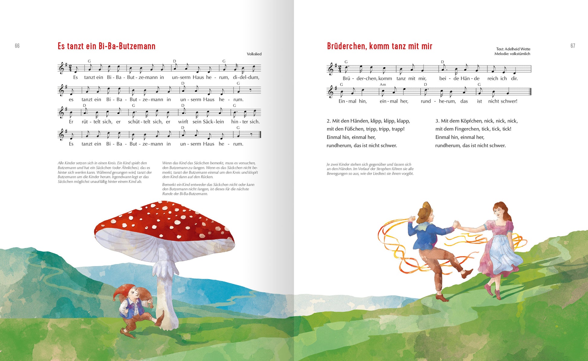 Gezeigt wird eine Innenansicht von „Meine schönsten Kinderlieder“. Auf der linken Seite befindet sich das Lied „Es tanzt ein Bi-Ba-Butzemann“ mit Noten. Unter einem großen, rot gepunkteten Fliegenpilz spielen zwei Kinder. Auf der rechten Seite steht der Text für das Lied „Brüderchen, komm tanz mit mir“ in klarer, gut lesbarer Schrift. Die Seiten sind in sanften grünen und blauen Farbtönen gestaltet, um eine freundliche, einladende Atmosphäre zu schaffen.
