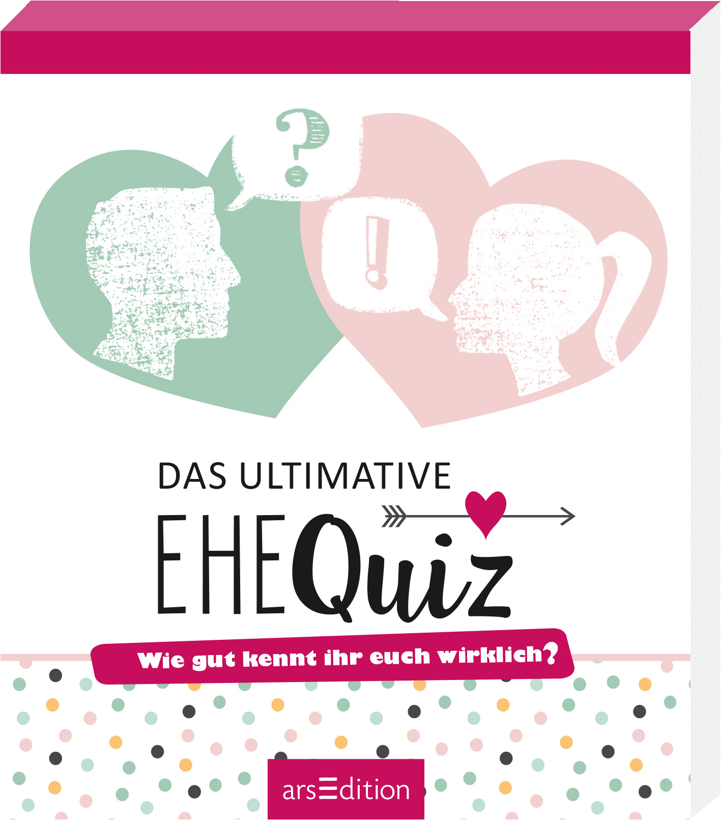 Das Buchcover zeigt zwei stilisierte Köpfe in Form von Herzen, einer in mintgrün und der andere in rosa, die in einem Gespräch miteinander verbunden sind. Die Farbgestaltung ist fröhlich und einladend. In der Mitte prangt der Titel „DAS ULTIMATIVE EHEQuiz“ in einer verspielten Schriftart, unterlegt von einem Pfeil, der eine Herzillustration führt. Der Untertitel „Wie gut kennt ihr euch wirklich?“ steht in klarer, schwarzer Schrift darunter. Ganz unten mittig steht der...