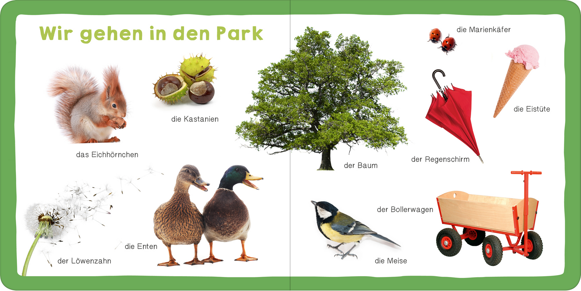 Gezeigt wird eine Innenansicht von „Meine ersten 100 Wörter“. Die doppelseitige Illustration präsentiert eine bunte Parkszene mit verspielten, kindgerechten Bildern. Auf der linken Seite sind Objekte wie ein Eichhörnchen, Kastanien, Enten und eine Löwenzahnblüte abgebildet. Auf der rechten Seite befinden sich ein Baum, ein Regenschirm, ein Käfer und weitere Elemente wie eine Eistüte und ein Bollerwagen. Die Schrift ist klar und gut lesbar, in freundlichen Farben arrangiert und...