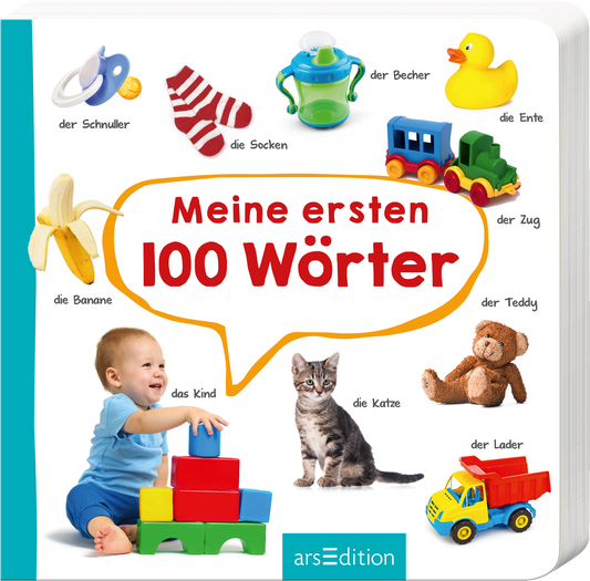 Das Buchcover zeigt ein farbenfrohes, verspieltes Design, das Kinder anspricht. In der Mitte sitzt ein lachendes Kind, das mit bunten Bauklötzen spielt. Um das Kind herum sind verschiedene Objekte der frühen Wortschatzentwicklung abgebildet, wie ein Schnuller, eine Ente, ein Teddy und eine Banane. Der Titel „Meine ersten 100 Wörter“ erscheint in großen, roten Buchstaben der Sprechblase. Oben links wurde ein SPIEGEL-Bestseller-Button platziert. Ganz unten mittig steht der Logoschriftzug...