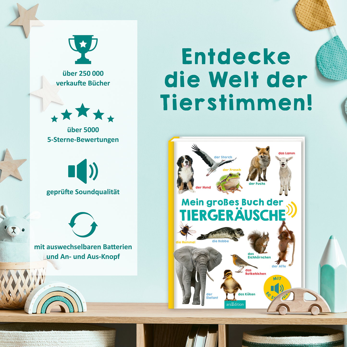 Gezeigt wird eine Innen- oder Zusatzansicht von „Mein großes Buch der Tiergeräusche“. Das Cover in lebhaften Farben zeigt eine Vielzahl von Tieren, darunter einen Elefanten und einen Hund, sowie den Titel in auffälliger Schrift. Darüber steht „Entdecke die Welt der Tierstimmen!“ in einem klaren, großen Font. Links sind informative Grafiken und Sternebewertungen platziert, die die Beliebtheit des Buches betonen. Der Hintergrund ist sanft aquamarin, was die fröhliche Atmosphäre...