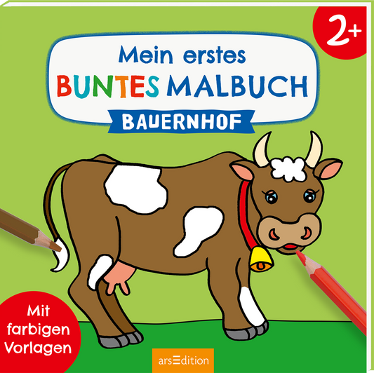 Zu sehen ist die 3D-Ansicht des Titels. Auf einem leuchtend grünen Hintergrund zeigt das Cover eine freundliche, cartoonhafte Kuh mit braunen und weißen Flecken. Über ihr steht in großen, roten Buchstaben der Titel „Mein erstes buntes Malbuch Bauernhof“, ergänzt durch einen blauen Abschnitt oben, der das Alter ab 2 Jahren angibt. Bunte Buntstifte sind in der oberen linken Ecke angeordnet, und unten rechts befindet sich der Hinweis „mit farbigen Vorlagen“. Ganz unten mittig steht...
