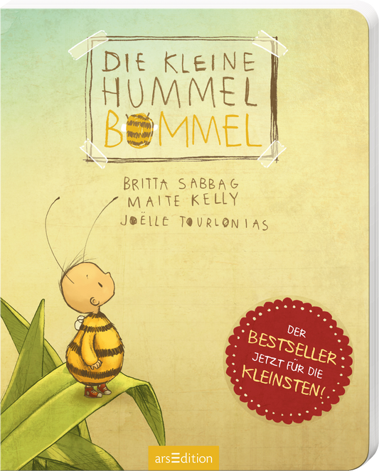 Das Buchcover zeigt die liebevolle Illustration einer kleinen, lächelnden Hummel mit einer gestreiften gelben und schwarzen Körperfarbe. Sie sitzt lässig auf einem grünen Blatt. Der Titel „Die kleine Hummel Bommel“ ist in verspielter, handschriftlicher Typografie in Gelb und Schwarz gestaltet. Darunter stehen die Namen der Autorinnen Britta Sabbag, Maite Kelly und Joëlle Tourlonias. Oben links befindet sich ein roter Button mit der Aufschrift „DER BESTSELLER JETZT FÜR DIE...
