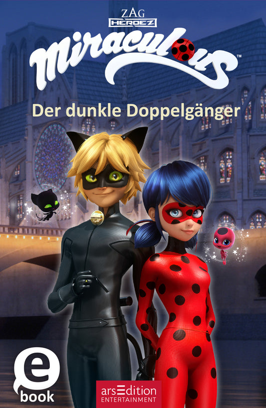 Auf dem Buchcover ist der Titel „Miraculous – Der dunkle Doppelgänger“ prominent in gelber Schrift auf schwarzem Hintergrund zu sehen. Im Vordergrund stehen zwei Figuren: ein blonder junger Mann mit einem schwarzen Katzenkostüm und eine weibliche Figur mit blauen Haaren, die einen roten Anzug mit schwarzen Punkten trägt. Im Hintergrund ist eine nächtliche Stadtlandschaft abgebildet. Über den Figuren schwebt ein schwarzes Tierchen. Ganz unten mittig steht der Logoschriftzug von...