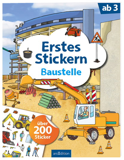 Ein farbenfrohes Buchcover zeigt eine Baustelle mit einem gelben Bagger, der auf einem bunten Haufen von Baustellenmaterialien arbeitet. Im Hintergrund ist ein Gerüst und ein Anhänger sichtbar, während mehrere Baustellenfahrzeuge und -utensilien am unteren Rand abgebildet sind. Die Schriftzüge „Erstes Stickern“ und „Baustelle“ sind in blauer, verspielter Schrift über einem weißen Sprechblasen-Hintergrund platziert. Ein orangefarbener Button kennzeichnet „über 200 Sticker“....