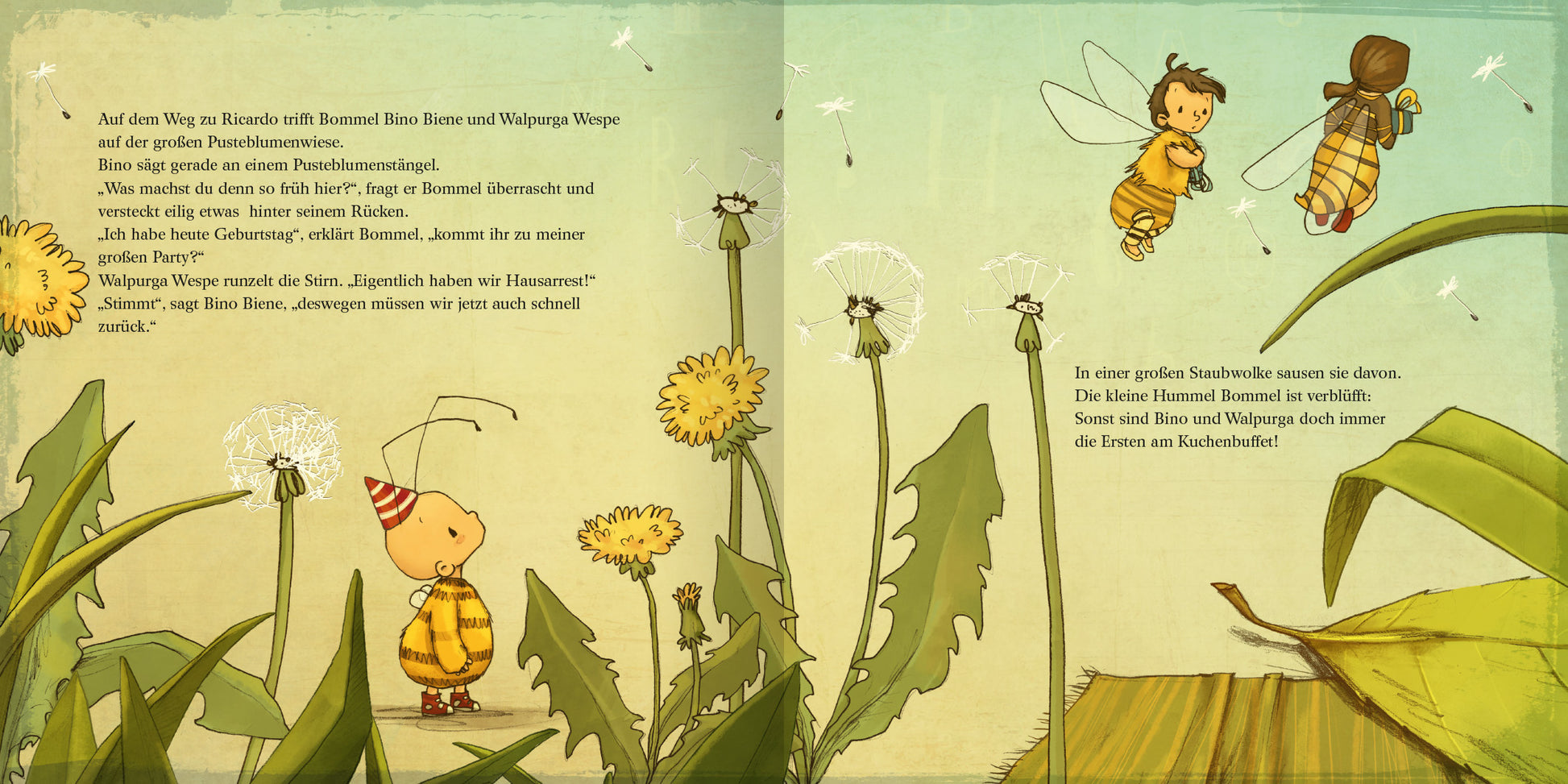 Gezeigt wird eine Innen- oder Zusatzansicht von „Die kleine Hummel Bommel feiert Geburtstag“. Die Illustration zeigt die kleine Hummel Bommel, die in ihrer charakteristischen gestreiften gelben und schwarzen Farbe fröhlich durch eine bunte Blumenlandschaft fliegt. Der Hintergrund in sanften Pastellfarben schafft eine freundliche Atmosphäre. Freunde von Bommel, dargestellt in ähnlichen Farben, sind umgeben von großen, detailreich gezeichneten Pflanzen und Löwenzahnblüten. Die...