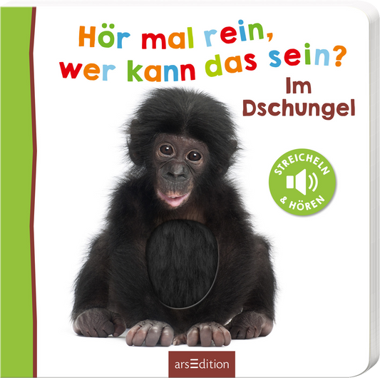 Das Buchcover zeigt einen strahlend freundlichen, jungen Affen mit sanften Augen und schwarzem, flauschigem Fell. Darüber ist der Titel „Hör mal rein, wer kann das sein?“ in bunten, verspielten Buchstaben angeordnet. Darunter steht „Im Dschungel“ in einer dunkleren Schrift. Auf der rechten Seite befindet sich ein grüner, runder Button mit dem Text „STREICHELN & HÖREN“. Ganz unten mittig steht der Logoschriftzug von arsEdition.