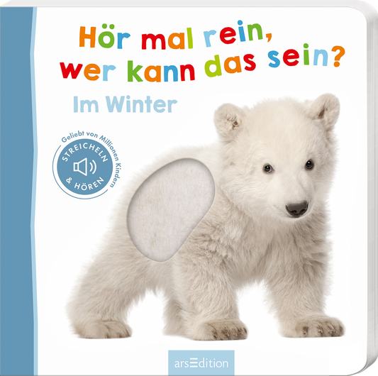 Das Buchcover zeigt einen niedlichen, weißen Eisbären, der auf einem hellen Hintergrund steht. Oben in bunten, verspielten Buchstaben steht der Titel „Hör mal rein, wer kann das sein?“. Darunter befindet sich der Zusatz „Im Winter“ in einer sanften blauen Schrift. Auf der linken Seite ist ein Interaktionsfeld mit einem grauen, runden Bereich zum Streicheln, begleitet von dem Hinweis „STREICHELN & HÖREN“. Ein „SPIEGEL-Bestseller“-Button befindet sich ebenfalls oben links....