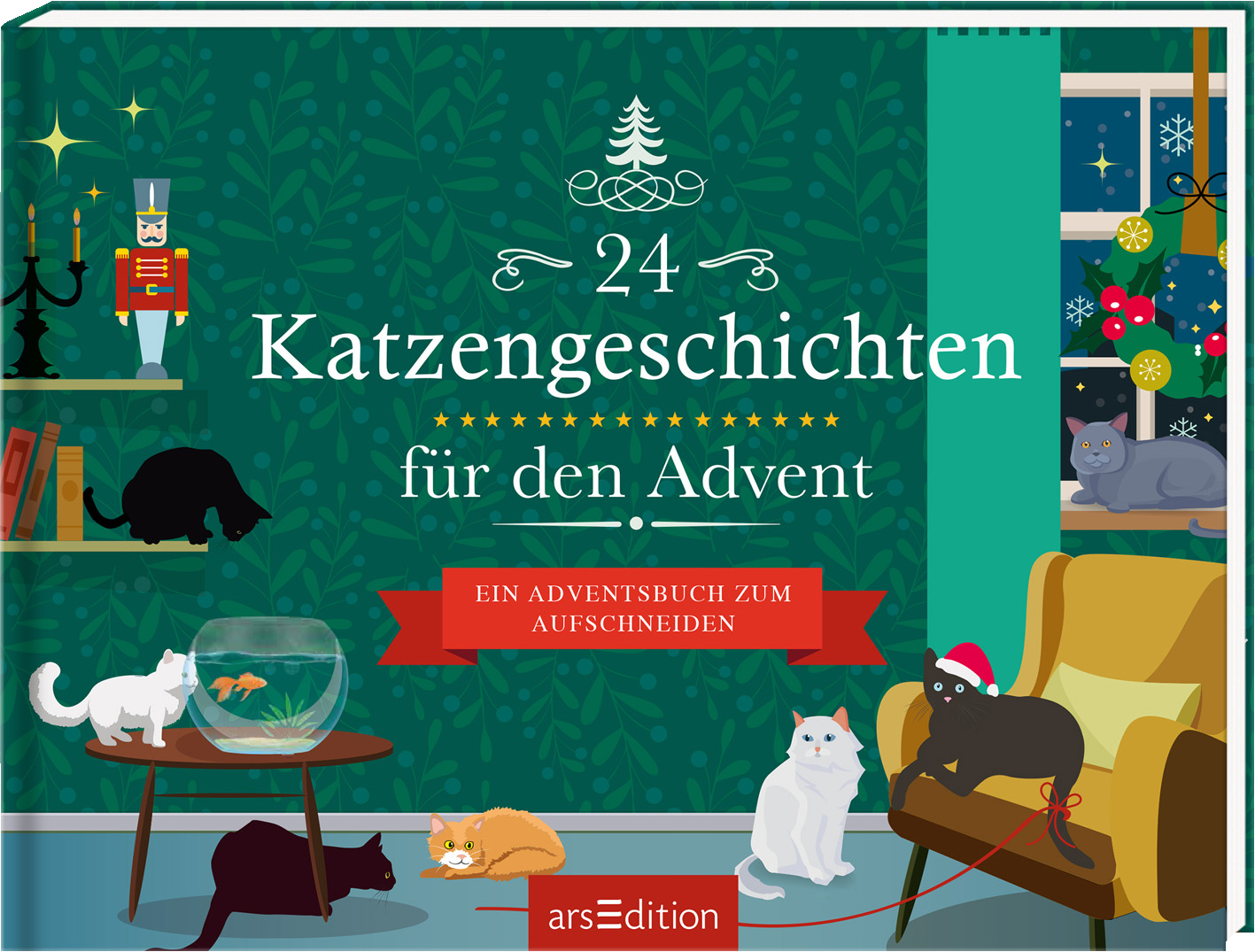 Das Buchcover zeigt eine weihnachtlich dekorierte Wohnzimmer-Szene. Auf der linken Seite stehen ein Leuchter und ein Nussknacker, während die rechte Seite eine gemütliche Couch präsentiert. Darauf und um die Couch herum liegen mehrere Katzen in verschiedenen Farben, darunter schwarz, weiß und orange. Im Hintergrund verziert ein Weihnachtsbaum den Raum. In großen, weißen Buchstaben steht „24 Katzengeschichten für den Advent“ zwischen goldenen Sternen. Unten ist der Text „Ein...