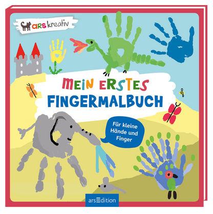 Das Cover zeigt eine bunte, kinderfreundliche Illustration mit verschiedenen Handabdrücken, darunter dinosaurusförmige und tierische Motive. Oben steht in fröhlicher, roter und blauer Schrift „MEIN ERSTES FINGERMALBUCH“. Unten links befindet sich der Text „Für kleine Hände und Finger“ in einem ovalen, blauen Feld. Im Hintergrund sind ein Schloss und bunte Schmetterlinge. Ganz unten mittig steht der Logoschriftzug von arsEdition.