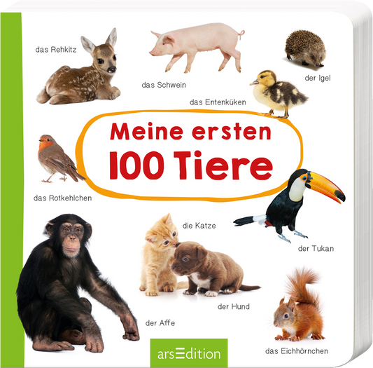 Das Buchcover zeigt eine bunte Ansammlung von verschiedenen Tieren, darunter ein Rehkitz, ein Schwein, ein Igel und ein Affe. Die Tiere sind realistisch dargestellt, umgeben von einer hellen, freundlichen Farbpalette. Im Mittelpunkt steht der Titel „Meine ersten 100 Tiere“ in großer, roter Schrift, umrahmt von einem orangefarbenen, handschriftlichen Rahmen. Ganz unten mittig steht der Logoschriftzug von arsEdition.
