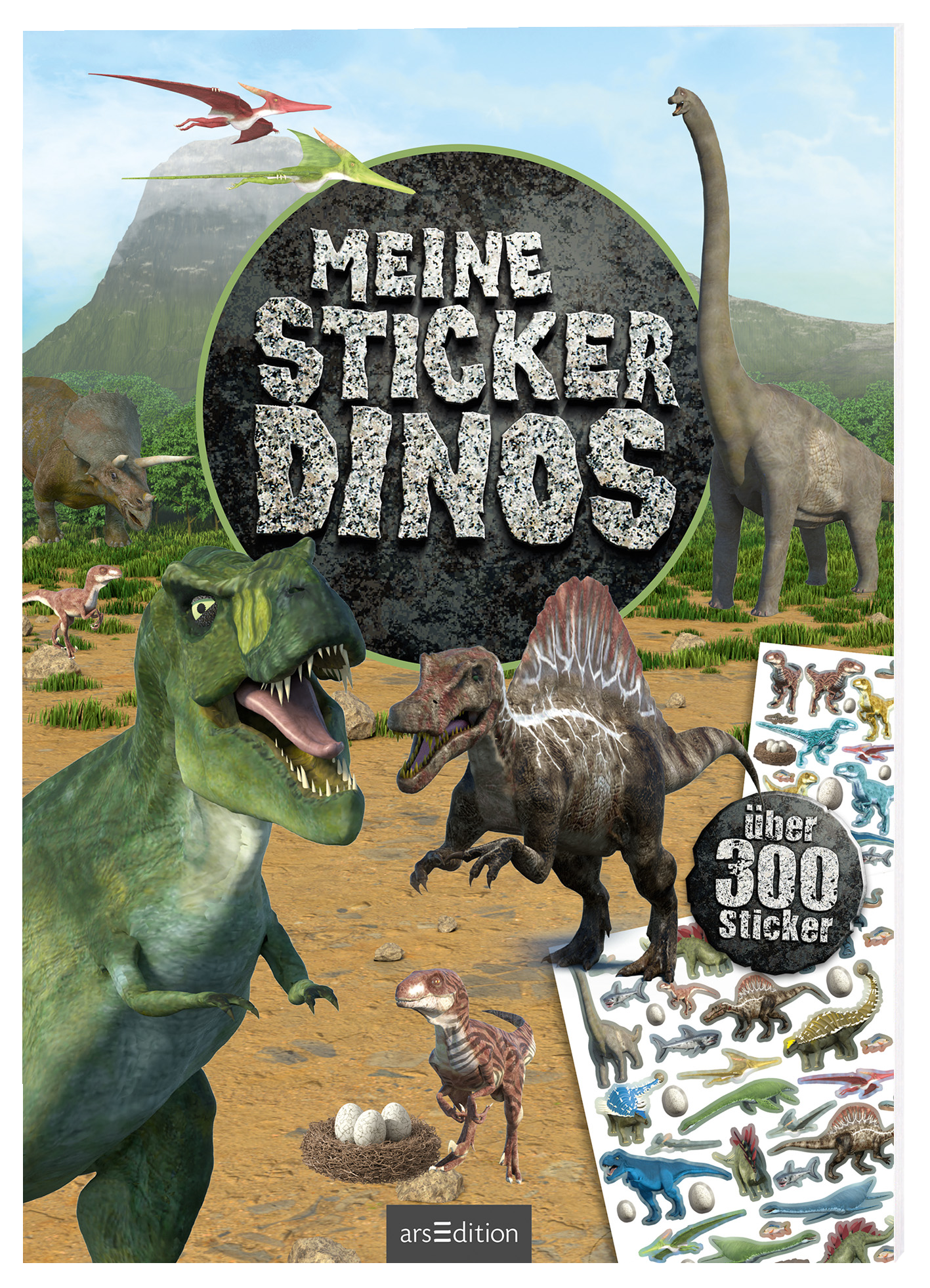 Das Buchcover zeigt eine dynamische Dinosaurier-Szene in einer prähistorischen Landschaft. Im Vordergrund stehen ein T-Rex mit offenem Maul, ein Spinosaurus und ein kleiner, gefiederter Dinosaurier vor einem Nest mit Eiern. Die Farben sind lebhaft und wirken einladend, während große, graue Buchstaben den Titel „MEINE STICKER DINOS“ in einem verspielten, grobkörnigen Stil präsentieren. Ein runder Button mit der Aufschrift „über 300 Sticker“ verstärkt das ansprechende Design. Ganz...