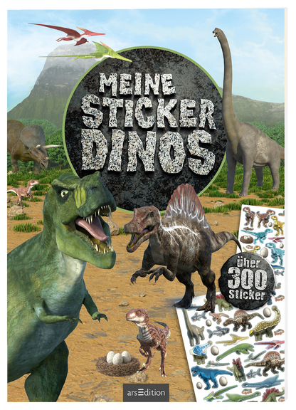 Das Buchcover zeigt eine dynamische Dinosaurier-Szene in einer prähistorischen Landschaft. Im Vordergrund stehen ein T-Rex mit offenem Maul, ein Spinosaurus und ein kleiner, gefiederter Dinosaurier vor einem Nest mit Eiern. Die Farben sind lebhaft und wirken einladend, während große, graue Buchstaben den Titel „MEINE STICKER DINOS“ in einem verspielten, grobkörnigen Stil präsentieren. Ein runder Button mit der Aufschrift „über 300 Sticker“ verstärkt das ansprechende Design. Ganz...