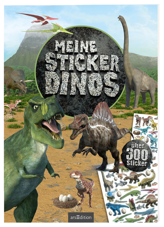 Das Buchcover zeigt eine dynamische Dinosaurier-Szene in einer prähistorischen Landschaft. Im Vordergrund stehen ein T-Rex mit offenem Maul, ein Spinosaurus und ein kleiner, gefiederter Dinosaurier vor einem Nest mit Eiern. Die Farben sind lebhaft und wirken einladend, während große, graue Buchstaben den Titel „MEINE STICKER DINOS“ in einem verspielten, grobkörnigen Stil präsentieren. Ein runder Button mit der Aufschrift „über 300 Sticker“ verstärkt das ansprechende Design. Ganz...