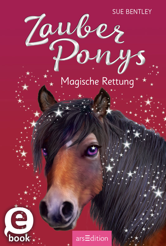 Das Buchcover zeigt ein Pferd mit schimmerndem, schwarzbraunem Fell und großen, ausdrucksvollen Augen. Der Hintergrund ist in einem warmen Pinkton gehalten, durchzogen von glitzernden Sternen, die eine magische Atmosphäre schaffen. Der Titel „Zauber Ponys“ steht in verspielter, weißer Schrift, während der Untertitel „Magische Rettung“ darunter in einer sanften, geschwungenen Schrift platziert ist. Oben links ist der Name der Autorin Sue Bentley zu sehen. Ganz unten mittig steht der...