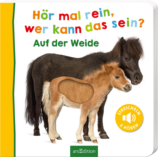Das Buchcover zeigt ein Pony und ein Fohlen auf der Weide. Die Tiere stehen nebeneinander und sind freundlich gestaltet, wobei das Fohlen eine Aussparung aufweist. Der Titel „Hör mal rein, wer kann das sein?“ ist in bunten Buchstaben geschrieben, während „Auf der Weide“ in einer klaren, grünen Schrift erscheint. Rechts unten ist ein gelber Button mit dem Text „STREICHEN &amp; HÖREN“ zu sehen. Ganz unten mittig steht der Logoschriftzug von arsEdition.