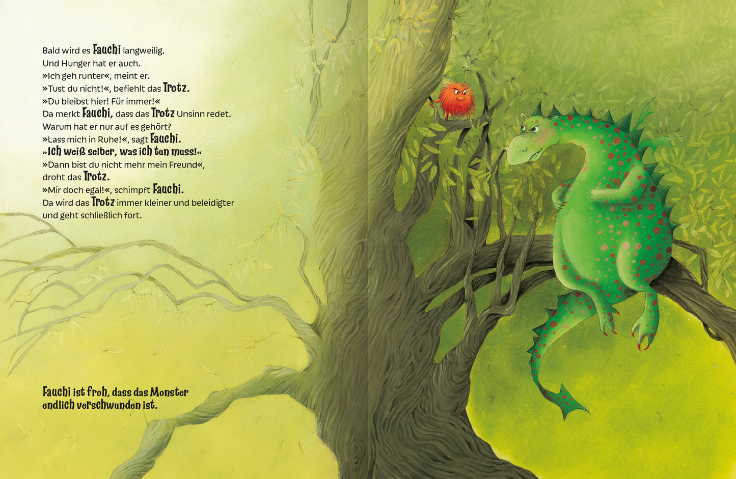 Gezeigt wird eine Innen- oder Zusatzansicht von „Der kleine Trotzdrache“. Auf der Seite sind der grüne Drache mit leuchtend roten Punkten und ein roter Vogel abgebildet, die in einem lebendigen Wald sitzen. Die sanften Farben und das verspielte Layout schaffen eine einladende Atmosphäre. Die Schrift ist groß und gut lesbar, was die Botschaft und den Dialog zwischen den Charakteren hervorhebt. Der Text vermittelt Gefühle von Freundschaft und Abenteuer.