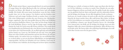 Gezeigt wird eine Innenansicht von „24 kleine Kaminfeuergeschichten“. Die Seite präsentiert einen zweispaltigen Text mit einer warmen, einladenden Farbpalette, die Rot- und Creme-Töne umfasst. Auf der linken Seite fließt der Text in einer gut lesbaren Schriftart, während die rechte Seite mit zarten, grafischen Elementen in Form von Schneeflocken und geometrischen Mustern verziert ist. Die Typografie ist klar und wirkt freundlich, was die weihnachtliche Stimmung unterstützt.