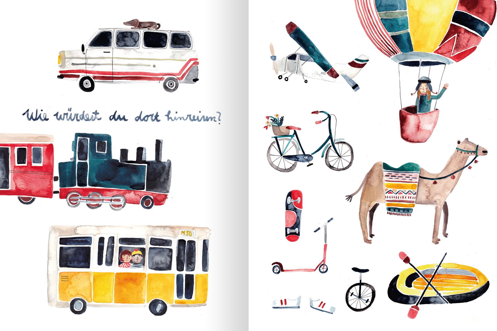 Gezeigt wird eine Innen- oder Zusatzansicht von „Die Welt, die dir gefällt“. Die Illustrationen zeigen eine bunte Sammlung von Verkehrsmitteln: ein roter Zug, ein gelber Bus, ein Auto und ein Heißluftballon. Auf der rechten Seite sind weitere Fahrzeuge wie ein Fahrrad, ein Kamel und ein Skateboard angeordnet. Die Farbpalette umfasst lebendige Rottöne, Gelb, Blau und sanfte Pastelltöne. Die Schrift ist in einer verspielten, handschriftlichen Typografie gehalten, was dem Gesamtbild eine...