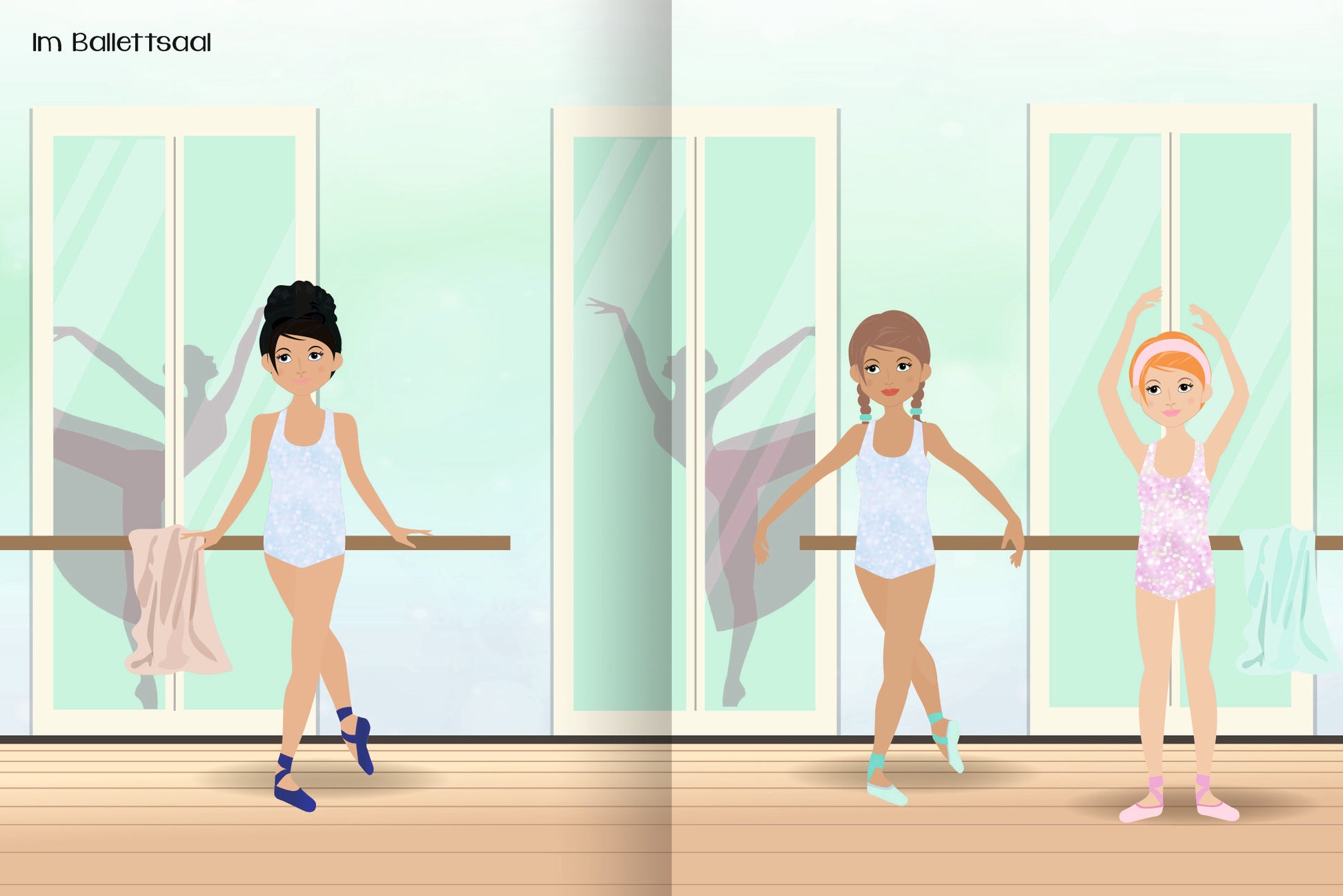 Gezeigt wird eine Innenansicht von „Sticker-Anziehpuppen – Ballerina“. Die Illustration zeigt drei Ballerinas im Ballettsaal. Links steht eine Ballerina mit schwarzem Haar in einem hellblauen Body. Im Hintergrund sind große Fenster mit reflektierenden Lichteffekten sowie die Silhouette einer weiteren Tänzerin zu sehen. Der Titel „Im Ballettsaal“ ist in einer verspielten Schriftart oben links platziert.