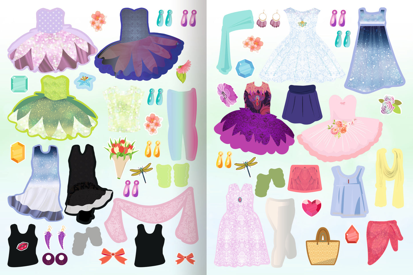Gezeigt wird eine Innen- oder Zusatzansicht von „Sticker-Anziehpuppen – Ballerina“. Die Darstellung zeigt eine Vielzahl von bunten Kleidungsstücken und Accessoires für Ballerinas. Es sind fröhliche Farben wie Lila, Rosa und Blau zu sehen. Die verschiedenen Outfits, darunter Tutus, Kleider und Schuhe, sind klar voneinander abgegrenzt und laden zum kreativen Gestalten ein.