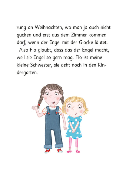 Gezeigt wird eine Innen- oder Zusatzansicht von „Ziemlich beste Schwestern – Total schief gewickelt“. Die Illustration zeigt zwei fröhliche Mädchen, die nebeneinander stehen. Das erste Mädchen trägt eine blauen Latzhose mit einem weißen T-Shirt, das zweite trägt ein hellblaues Kleid und rosa Leggings. Die Haarfarben sind braun und blond, beide Kinder lächeln herzlich. Der Text ist in schwarzer, klarer Schrift auf weißem Hintergrund und vermittelt eine kindgerechte, einladende...