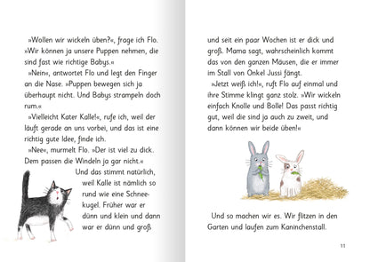 Gezeigt wird eine Innen- oder Zusatzansicht von „Ziemlich beste Schwestern – Total schief gewickelt“. Links ist eine Illustration eines schwarzen Katers mit großen, neugierigen Augen, rechts zwei Kaninchen. Die Schrift ist klar und gut lesbar.
