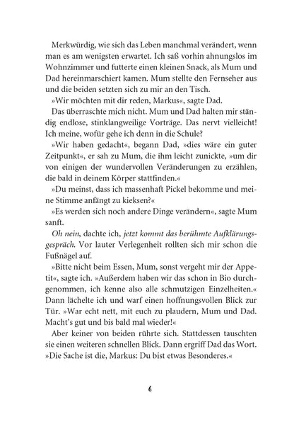 Gezeigt wird eine Innenansicht von „Wie man 13 wird und überlebt“. Der Text ist in einer klaren, gut lesbaren Schriftart gesetzt und auf weißem Hintergrund. Die schwarze Schriftfarbe hebt sich deutlich ab, während einige Absätze mit zusätzlichen Betonungen versehen.