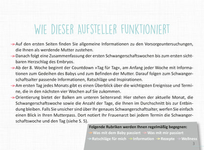 Gezeigt wird eine Innen- oder Zusatzansicht von „Deine Schwangerschaft, Tag für Tag“. Die Seite ist klar strukturiert mit ansprechendem Layout und überwiegend sanften Farben. Der Titel „Wie dieser Aufsteller funktioniert“ hebt sich durch eine große, moderne Schriftart ab. Wichtige Informationen sind in bullet points aufgelistet, um die Lesbarkeit zu erleichtern. Illustrationen und Icons unterstützen die Inhalte visuell und fördern das Verständnis der Themen rund um die...