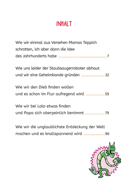 Gezeigt wird eine Innenansicht von „Ich und meine Chaos-Brüder – Hilfe, Staubsauger entlaufen!“. Die Seite präsentiert das Inhaltsverzeichnis in einer fröhlichen, kindgerechten Schriftart.