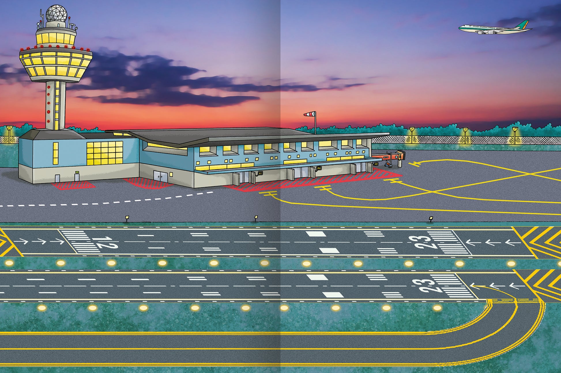 Gezeigt wird eine Innen- oder Zusatzansicht von „Erstes Stickern – Flughafen“. Die abgebildete Szene zeigt einen bunten Flughafen unter einem Abendhimmel in lila und orange. Im Vordergrund sind zwei beleuchtete Start- und Landebahnen sowie markierte Rollwege zu sehen. An der Seite steht ein modernes Flughafengebäude in hellblau mit großen Fenstern und roten Akzenten. Ein Flugzeug hebt im Hintergrund ab; die gesamte Komposition ist einladend und kinderfreundlich gestaltet.