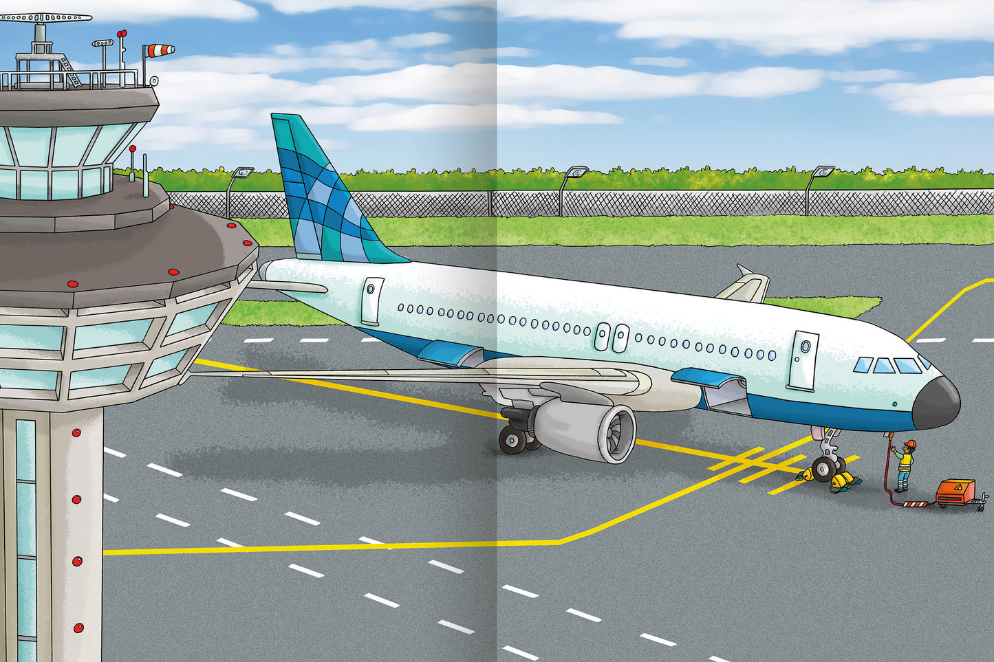Gezeigt wird eine Innen- oder Zusatzansicht von „Erstes Stickern – Flughafen“. Die Illustration zeigt ein Flughafengelände mit einem modernen Flugzeug und dem Kontrollturm im Hintergrund. Das Flugzeug hat einen hellblauen und türkisfarbenen Anstrich. Auf dem Rollfeld sind zwei Personen sichtbar, die Gepäck ausladen. Der Himmel ist klar mit wenigen Wolken, was eine freundliche Atmosphäre schafft. Die Bodenmarkierungen sind in Gelb und Weiß gehalten.