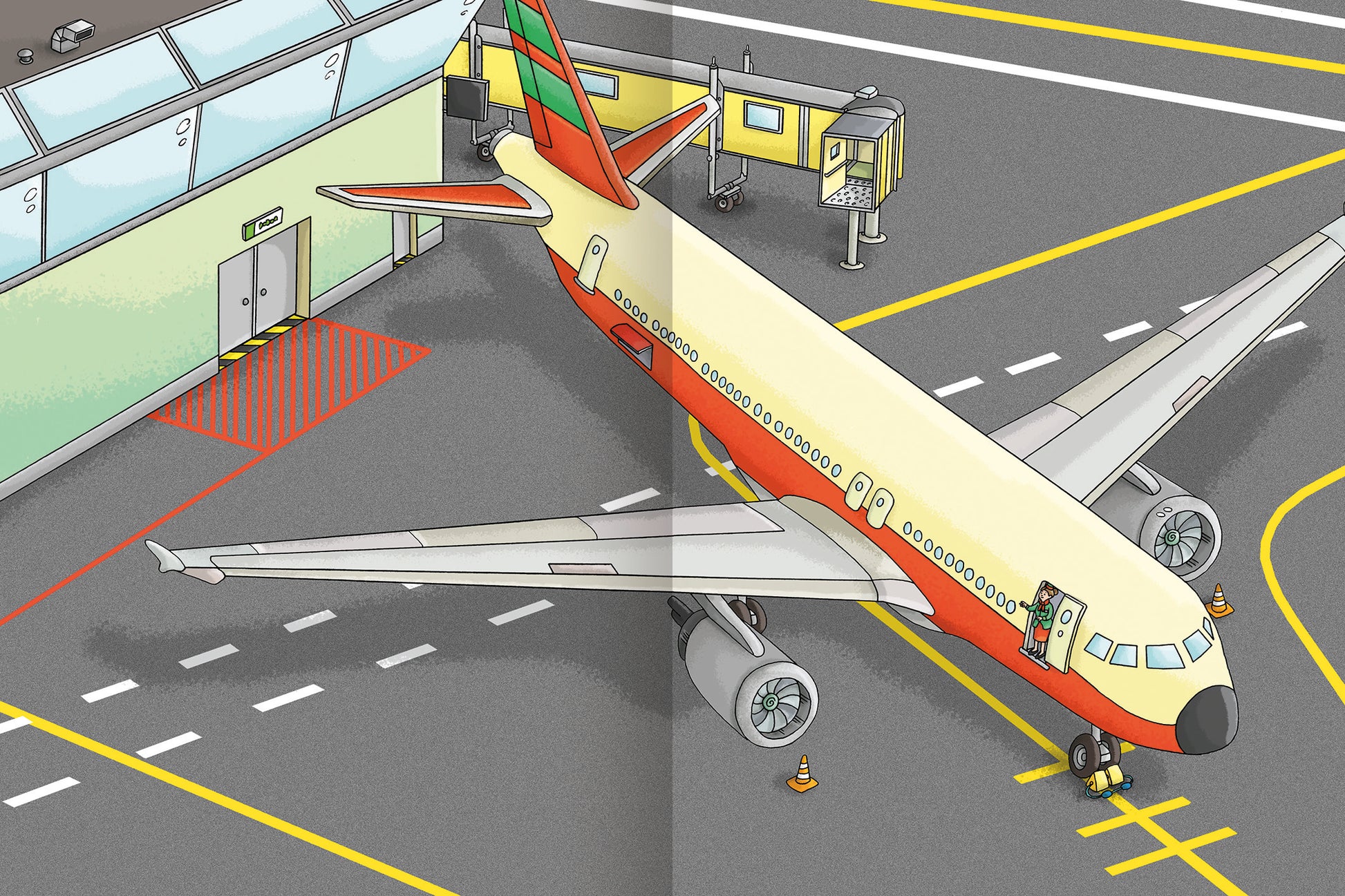 Gezeigt wird eine Innen- oder Zusatzansicht von „Erstes Stickern – Flughafen“. Die Illustration zeigt ein buntes Passagierflugzeug mit einer hellen, Cremefarbenen Rumpfstruktur und einer auffälligen roten und grünen Musterung am Heck. Im Hintergrund ist ein modernes Terminals sichtbar, das große Fenster und gelbe Zeichnungen auf dem Boden aufweist. Die Typografie ist klar und gut lesbar, wobei die Farben harmonisch miteinander kombiniert sind und eine freundliche Atmosphäre schaffen.