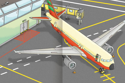 Gezeigt wird eine Innen- oder Zusatzansicht von „Erstes Stickern – Flughafen“. Die Illustration zeigt ein buntes Passagierflugzeug mit einer hellen, Cremefarbenen Rumpfstruktur und einer auffälligen roten und grünen Musterung am Heck. Im Hintergrund ist ein modernes Terminals sichtbar, das große Fenster und gelbe Zeichnungen auf dem Boden aufweist. Die Typografie ist klar und gut lesbar, wobei die Farben harmonisch miteinander kombiniert sind und eine freundliche Atmosphäre schaffen.