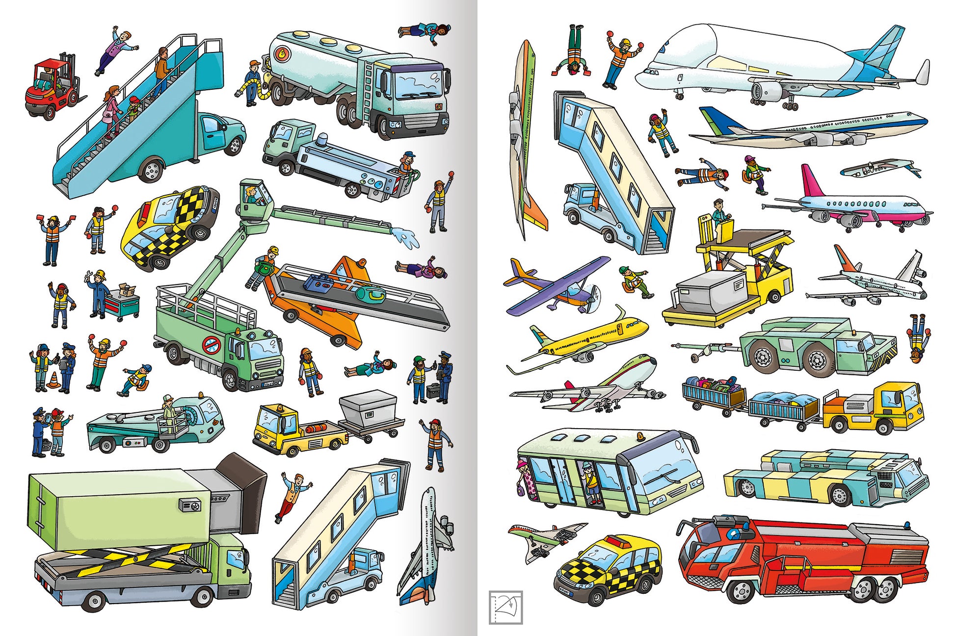 Gezeigt wird eine Innen- oder Zusatzansicht von „Erstes Stickern – Flughafen“. Die Illustration zeigt eine Vielzahl von Fahrzeugen und Flugzeugen, darunter Busse, Lkw und verschiedene Flugzeugtypen. Die Farbpalette umfasst lebendige Töne wie Blau, Rot und Gelb. Zahlreiche kleine Figuren sind abgebildet, die fröhlich posieren und mit den Fahrzeugen interagieren. Die Typografie ist klar und kindgerecht gestaltet, um die Aufmerksamkeit der jungen Leser zu fördern.