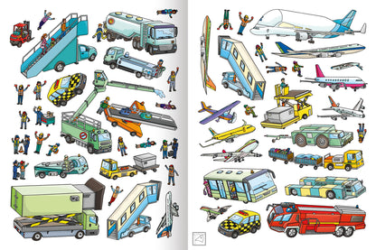 Gezeigt wird eine Innen- oder Zusatzansicht von „Erstes Stickern – Flughafen“. Die Illustration zeigt eine Vielzahl von Fahrzeugen und Flugzeugen, darunter Busse, Lkw und verschiedene Flugzeugtypen. Die Farbpalette umfasst lebendige Töne wie Blau, Rot und Gelb. Zahlreiche kleine Figuren sind abgebildet, die fröhlich posieren und mit den Fahrzeugen interagieren. Die Typografie ist klar und kindgerecht gestaltet, um die Aufmerksamkeit der jungen Leser zu fördern.