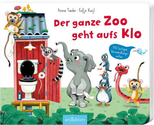 Das Cover zeigt eine humorvolle Szene mit bunten, cartoonhaften Tieren, die um ein rotes Toilettenhäuschen herumstehen. Im Vordergrund steht ein großer, grauer Elefant, während ein Waschbär neugierig auf dem Dach sitzt. Die Typografie des Titels „Der ganze Zoo geht aufs Klo“ ist in fröhlichen, bunten Buchstaben gehalten. Unter dem Titel befindet sich der Hinweis „Mit lustigen Verwandlungs-Seiten“ in einem blauen Sprechblasen-Design. Ganz unten mittig steht der Logoschriftzug von...