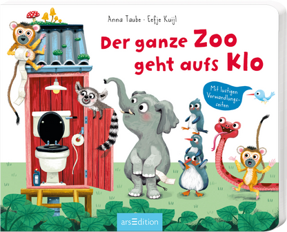 Das Cover zeigt eine humorvolle Szene mit bunten, cartoonhaften Tieren, die um ein rotes Toilettenhäuschen herumstehen. Im Vordergrund steht ein großer, grauer Elefant, während ein Waschbär neugierig auf dem Dach sitzt. Die Typografie des Titels „Der ganze Zoo geht aufs Klo“ ist in fröhlichen, bunten Buchstaben gehalten. Unter dem Titel befindet sich der Hinweis „Mit lustigen Verwandlungs-Seiten“ in einem blauen Sprechblasen-Design. Ganz unten mittig steht der Logoschriftzug von...